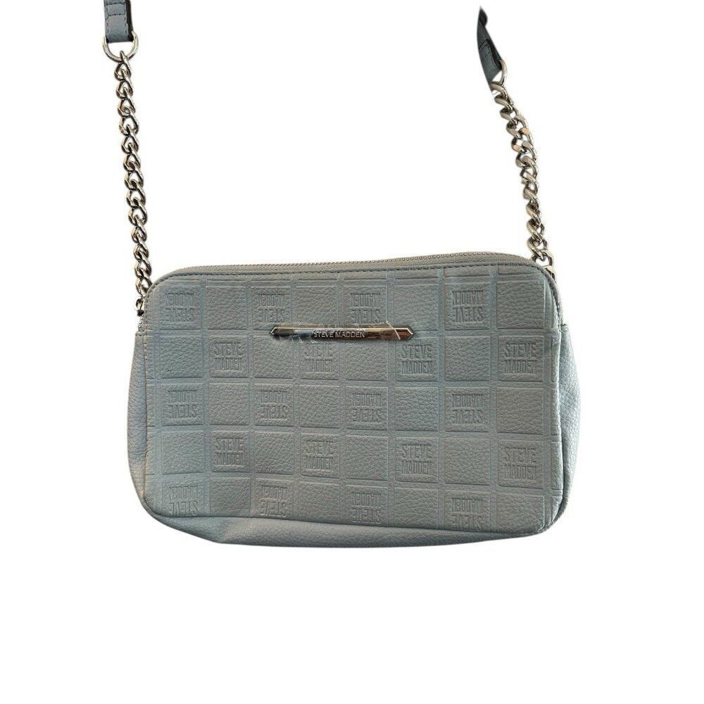 Steve Madden Light Blue Embossed Logo Crossbody Bag Silver Chain Link Purse